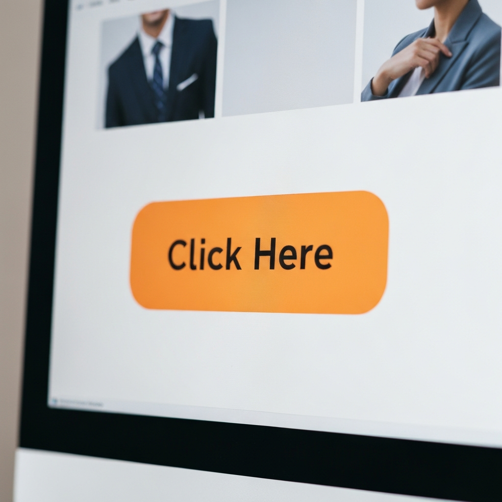 A brightly colored button on a website displayed on a computer monitor. The button reads "Click Here" in bold, clear font. The background is blurred, drawing attention to the call to action.