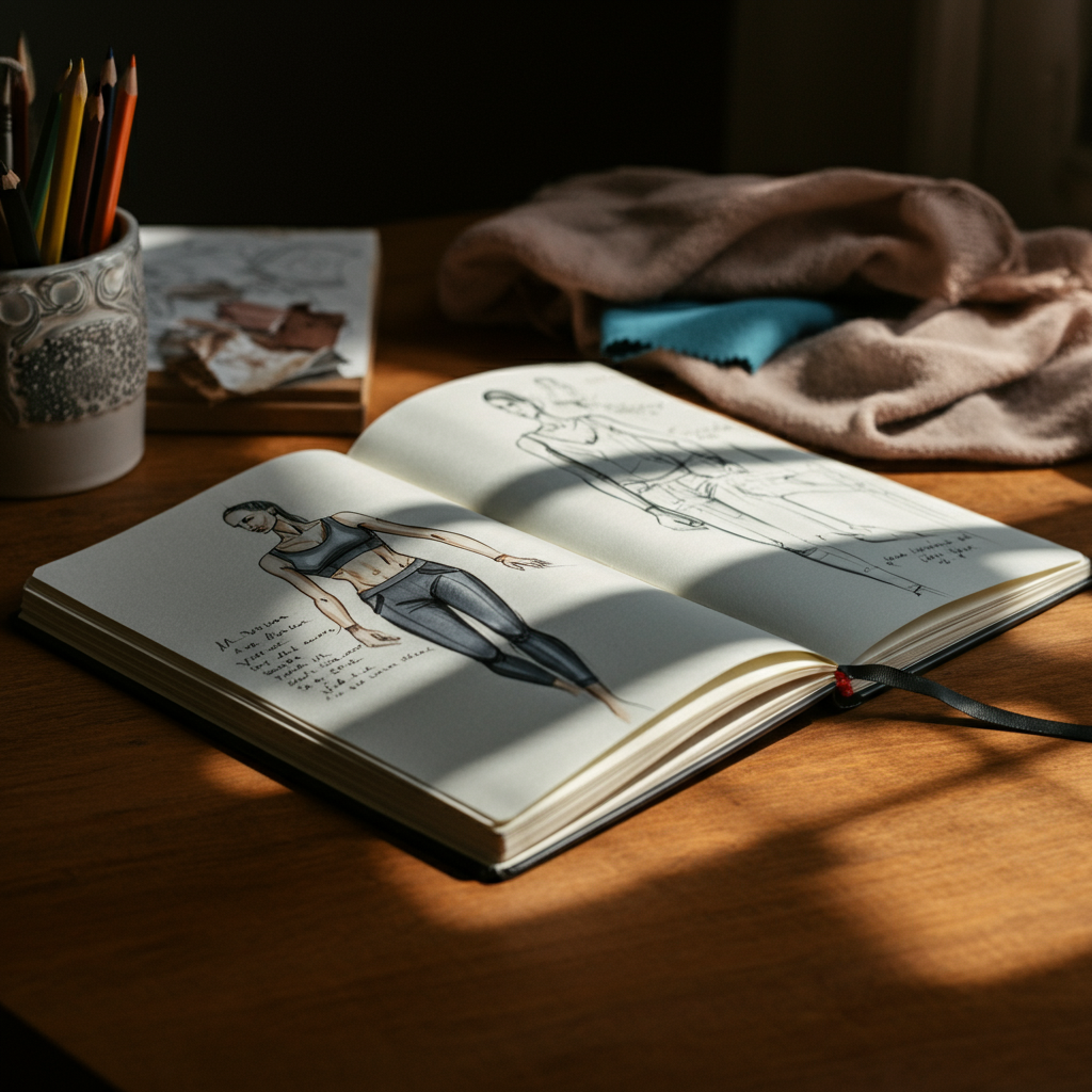 A close-up shot of a sketchbook lying open on a wooden table. The page is filled with fashion illustrations, fabric swatches, and handwritten notes outlining the core style elements of a specific aesthetic. Natural light streams through a window, casting long shadows across the page, highlighting the textures of the paper and fabrics.