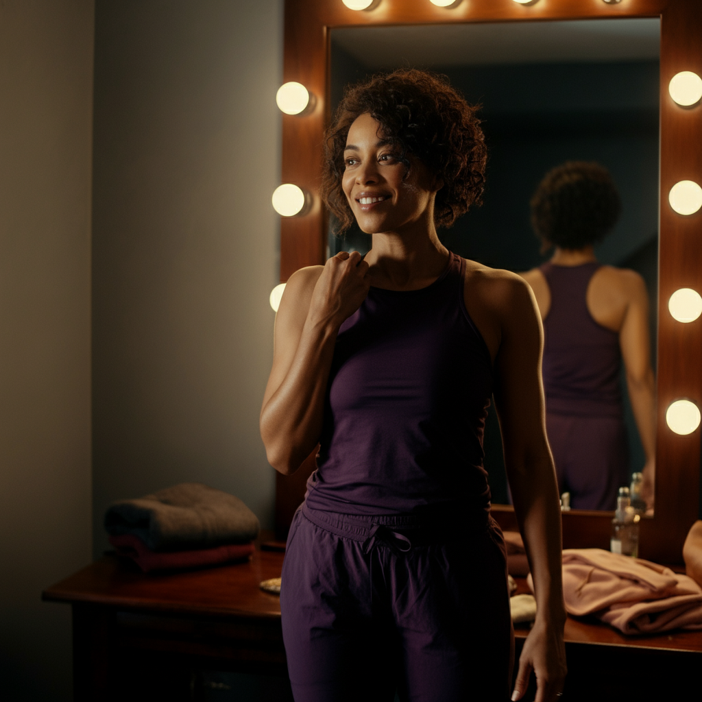 A woman stands in front of a mirror, trying on different outfits and accessories. She's smiling and appears to be enjoying the process of experimenting with her style. The lighting is bright and encouraging, reflecting her confidence and enthusiasm.