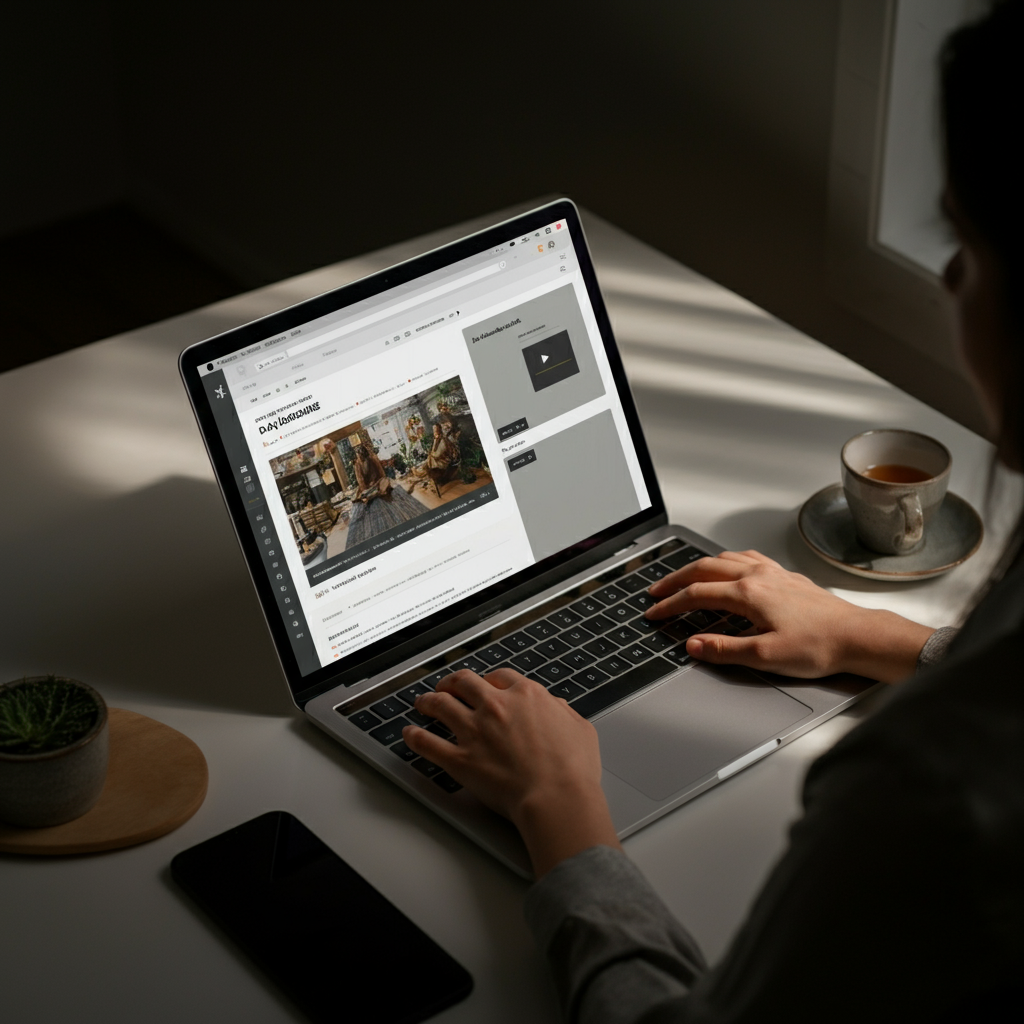 An overhead shot of a clean, minimalist workspace with a laptop displaying a well-formatted blog post. The screen showcases clear headings, bullet points, and an embedded video. Natural light from a nearby window illuminates the desk.