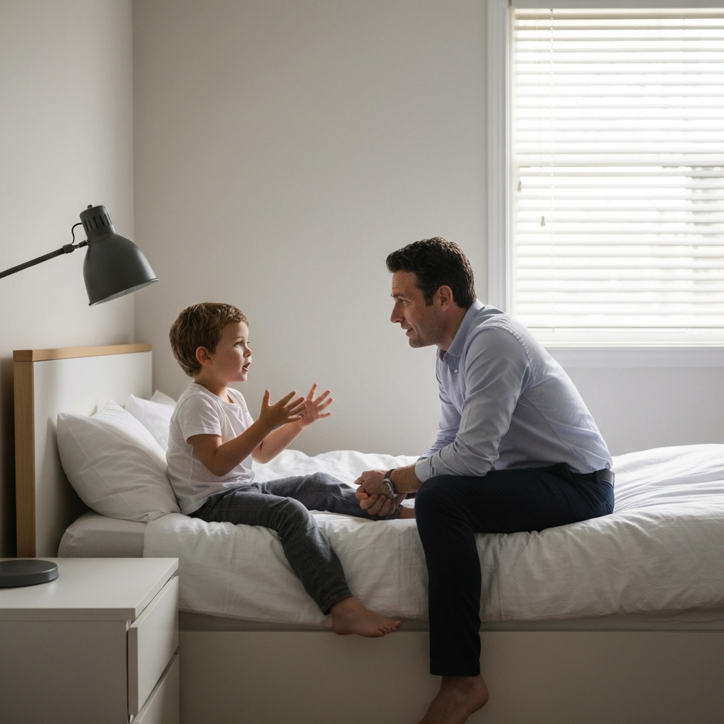 A parent sitting on the edge of their child's bed, side-lit by a table lamp. The child is talking animatedly, gesturing with their hands. The parent is leaning forward, making eye contact, with a soft, understanding expression on their face.