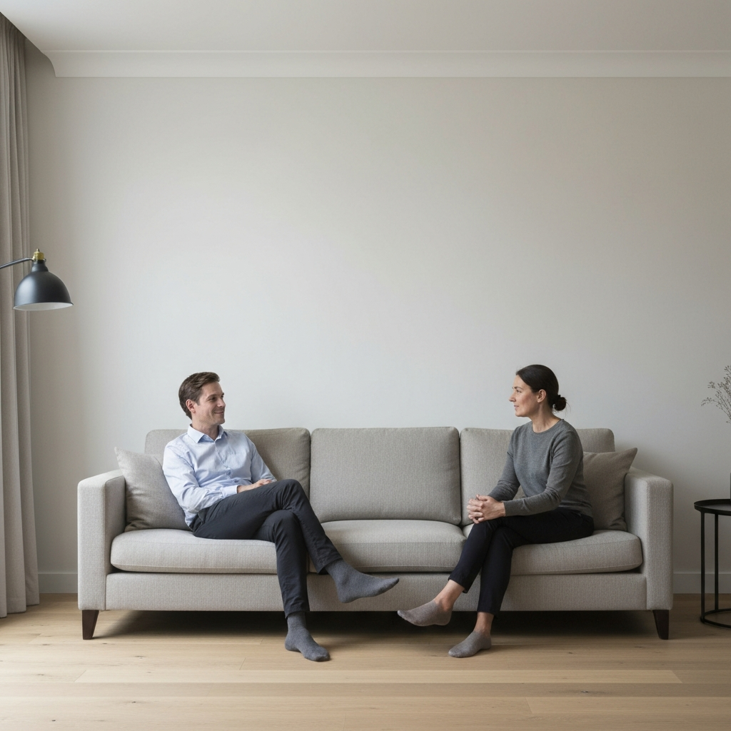 A neutral-toned living room. Two people are sitting on a sofa, facing each other. They are talking calmly and listening attentively. The room is tidy and well-lit, creating a peaceful atmosphere.