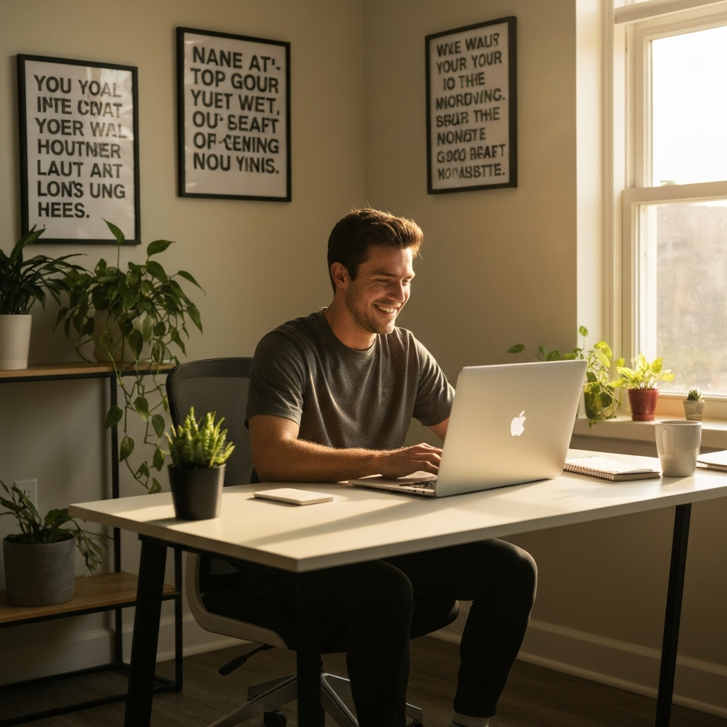 A person is sitting at a desk in a bright office, smiling as they work on a laptop. They are surrounded by plants and motivational posters. The sunlight is creating a warm glow in the room.