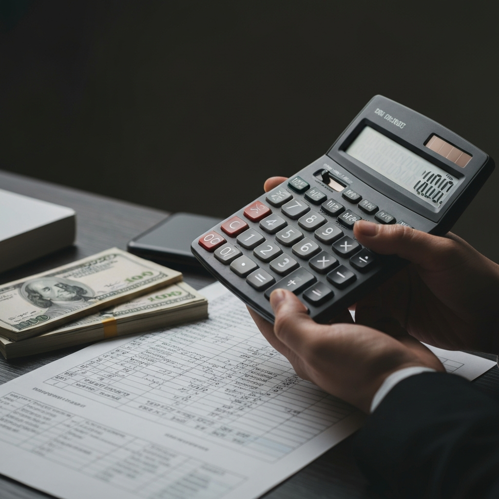Close-up shot of a hand holding a calculator, with a spreadsheet and a stack of bills in the background. The lighting is soft and focused on the calculator display showing a balanced budget.