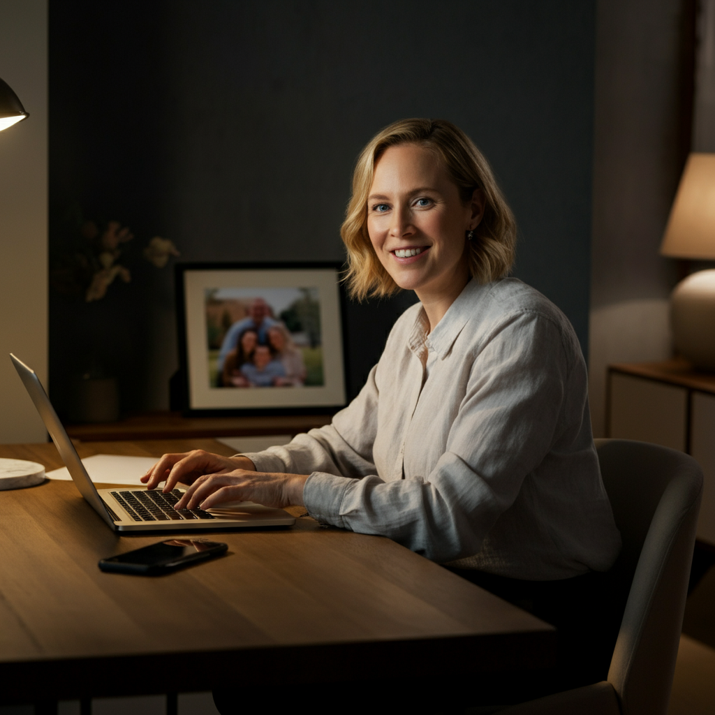 A person is working on a laptop at a desk in a home office. The person is smiling confidently, with a picture of their family in the background, soft lighting in the room.