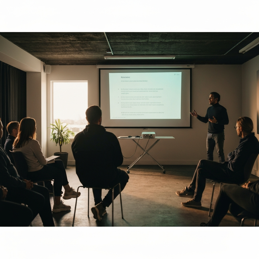 A person is giving a presentation to a group of people in a conference room. They are using a projector to display slides. The atmosphere is professional and engaging, with natural light entering the room.
