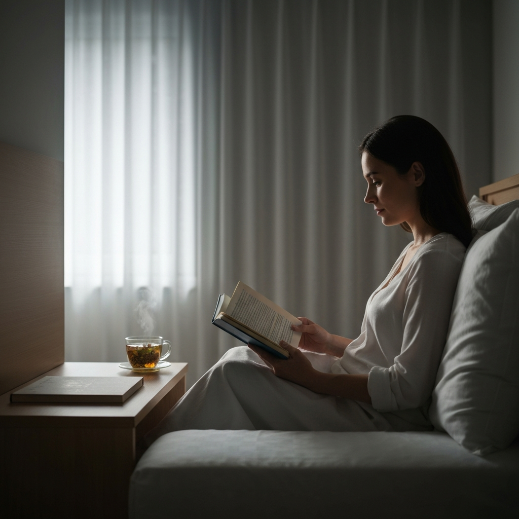 A dimly lit bedroom. Soft moonlight filters through sheer curtains. A woman is peacefully reading a physical book in bed, with a warm cup of herbal tea on her nightstand. The room is tidy and minimalist, emphasizing tranquility.