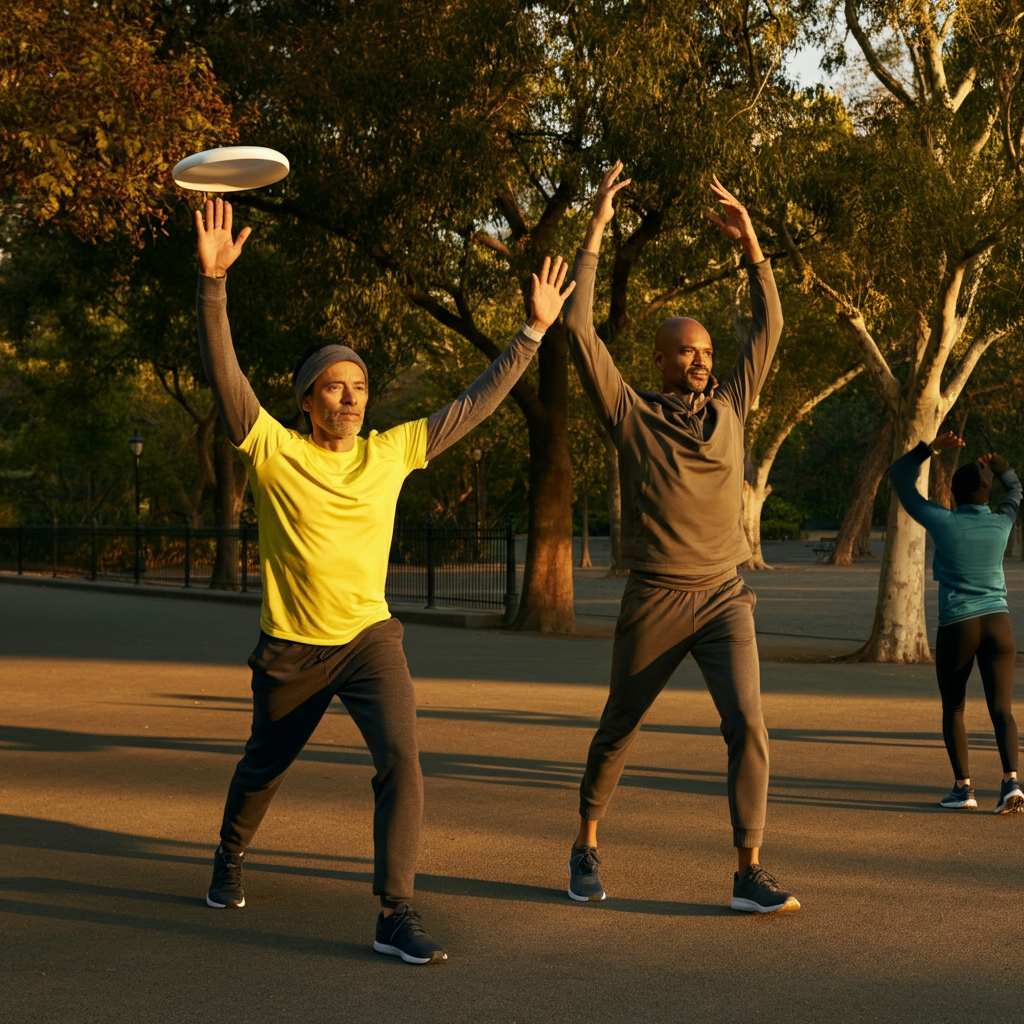 A vibrant city park. A diverse group of people are engaged in various forms of exercise: jogging, practicing yoga, and playing frisbee. The scene is bathed in golden hour lighting, emphasizing the joy and energy of physical activity.