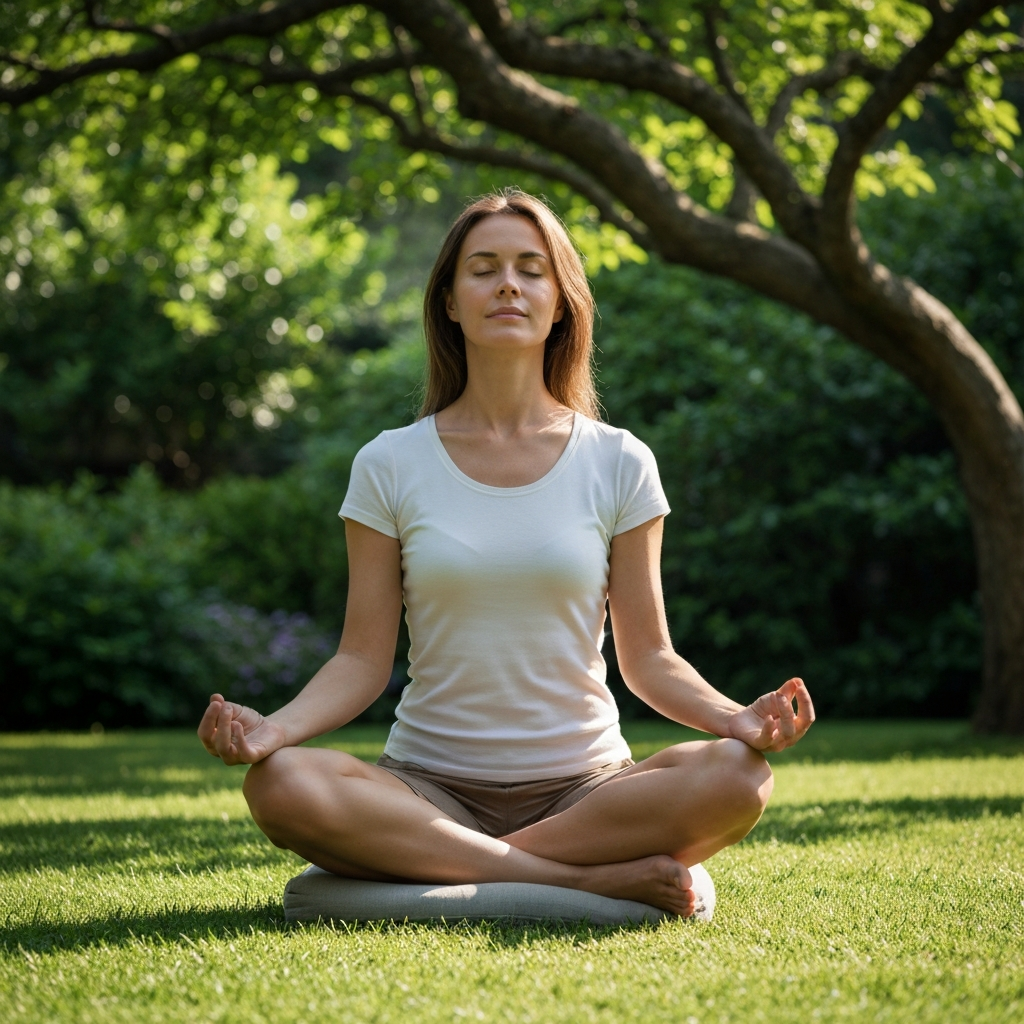 A peaceful garden. A woman is sitting cross-legged on a cushion, eyes closed, and hands resting gently on her knees in a meditative pose. The garden is lush and green, with soft sunlight filtering through the trees. The scene exudes serenity and tranquility.