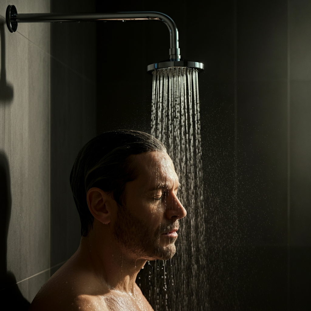 A modern bathroom. A man is standing under a showerhead, eyes closed, with a determined expression on his face. Water droplets glisten on his skin. The bathroom is clean and minimalist, with neutral colors and soft lighting.