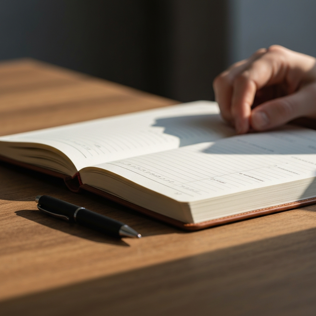 Close-up of a fitness journal lying open on a wooden table. A pen rests beside it. Soft natural light highlights the textured paper and leather cover. Depth of field is shallow, blurring the background.