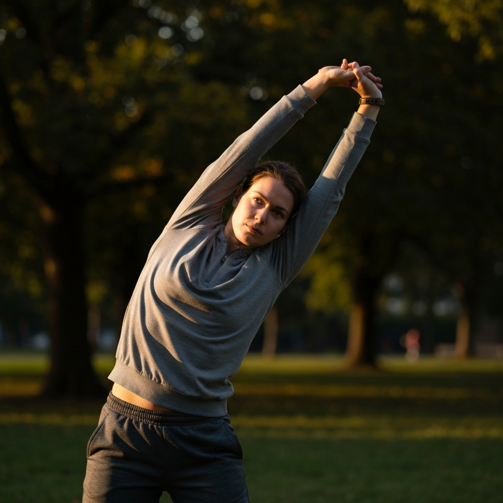 A person stretching their arms overhead in a park during golden hour. Soft light highlights the foliage in the background. The person is wearing comfortable athletic clothing.