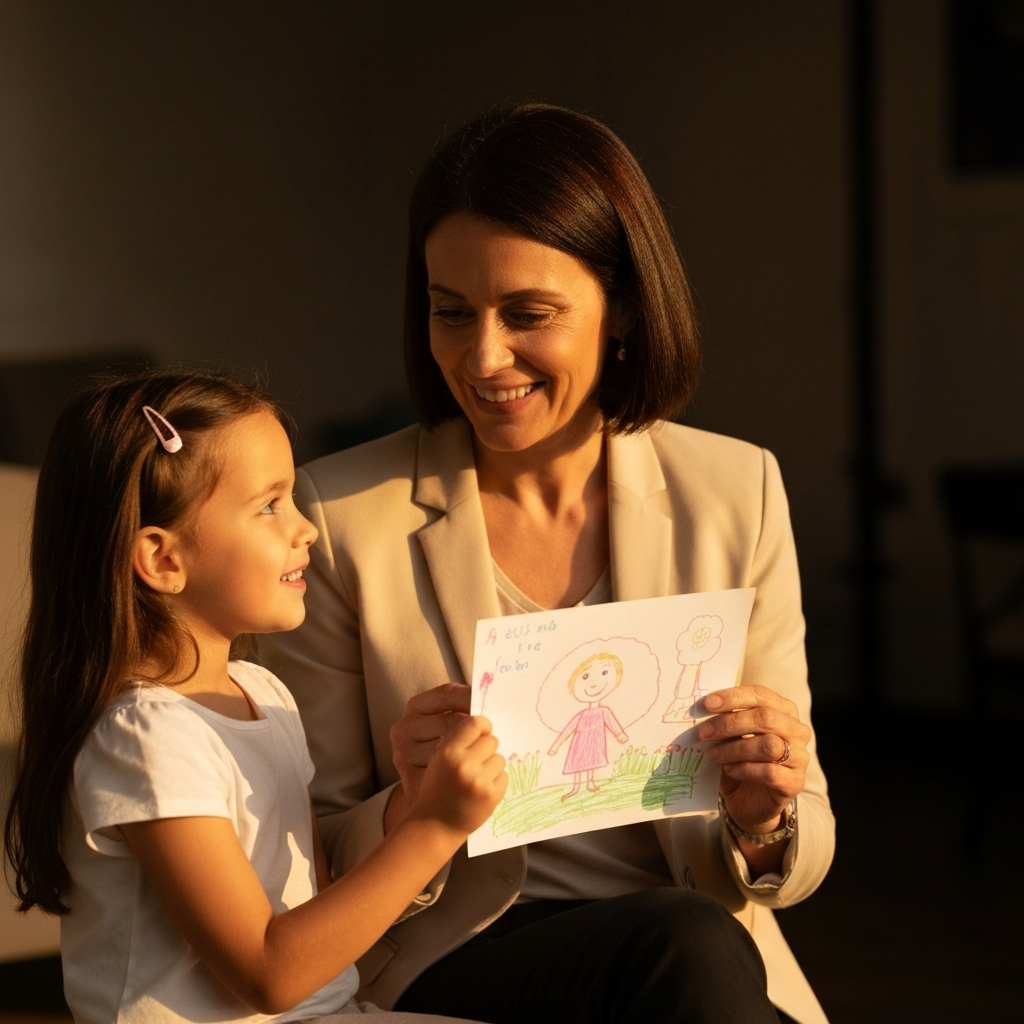 A mother holding a drawing given to her by her daughter. The mother is smiling warmly at the drawing, and the daughter is looking up at her with a proud expression. The drawing is colorful and childlike. Golden hour lighting emphasizes the warmth of the interaction.