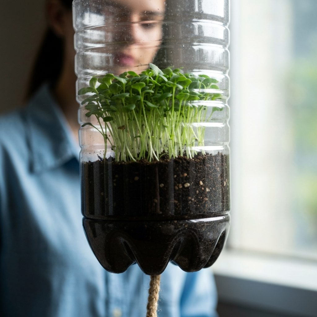 Close-up shot of a clear plastic bottle planter. The top half, inverted, is filled with vibrant green seedlings and dark soil. A thick cotton rope visibly connects the soil to the water reservoir below. Soft, diffused light highlights the textured surface of the plastic.