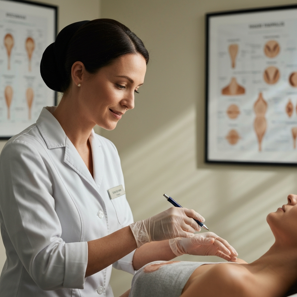 A dermatologist's office. Soft, natural light illuminates a woman with a kind face examining a patient's skin. Medical charts are subtly visible in the background.