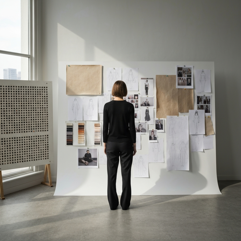 A fashion designer's studio. A woman stands in front of a large mood board covered in fabric swatches, sketches, and photographs. Natural light floods the room, highlighting the textures and colors.