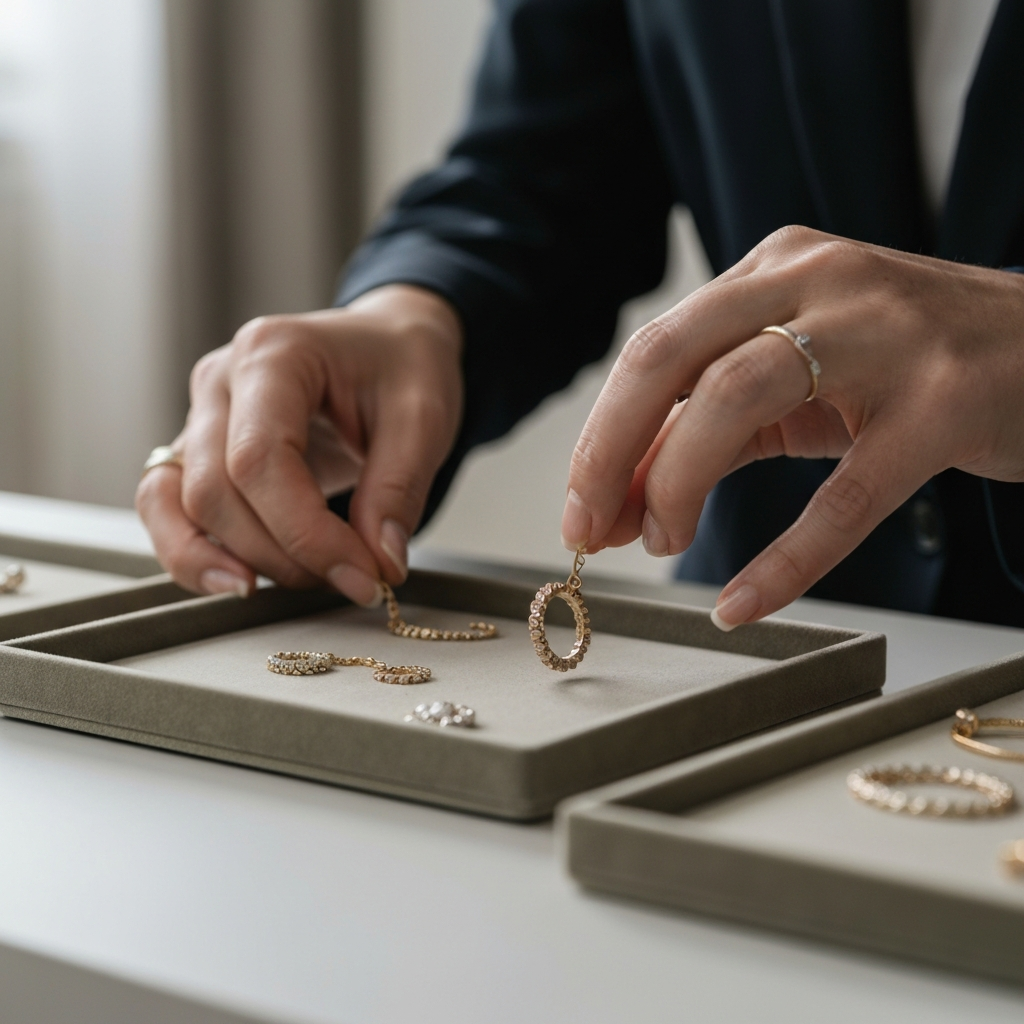 A close-up shot of a woman's hands carefully selecting jewelry from a velvet-lined tray. Soft, diffused light reflects off the metallic surfaces, highlighting intricate details.