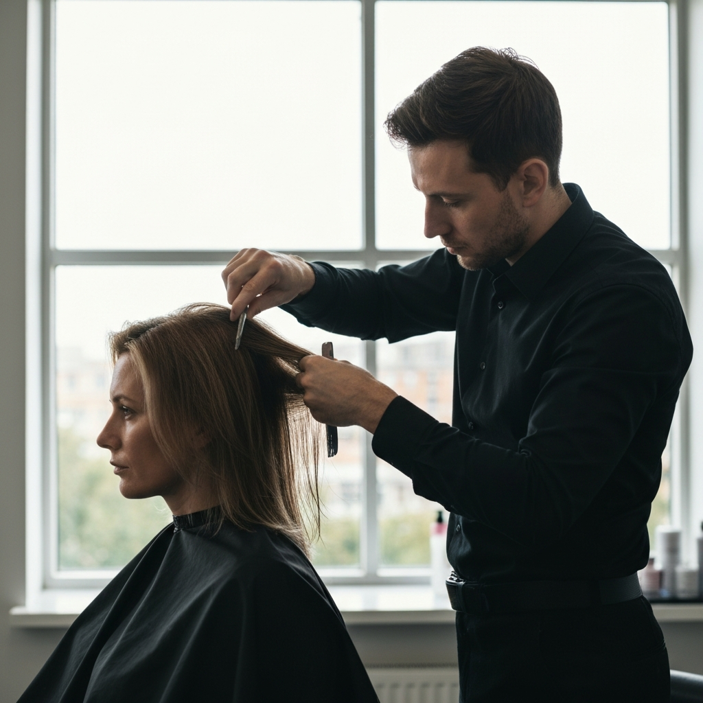 A hair salon. A stylist is carefully cutting a client's hair, with natural light streaming in through a large window, highlighting the texture and movement.