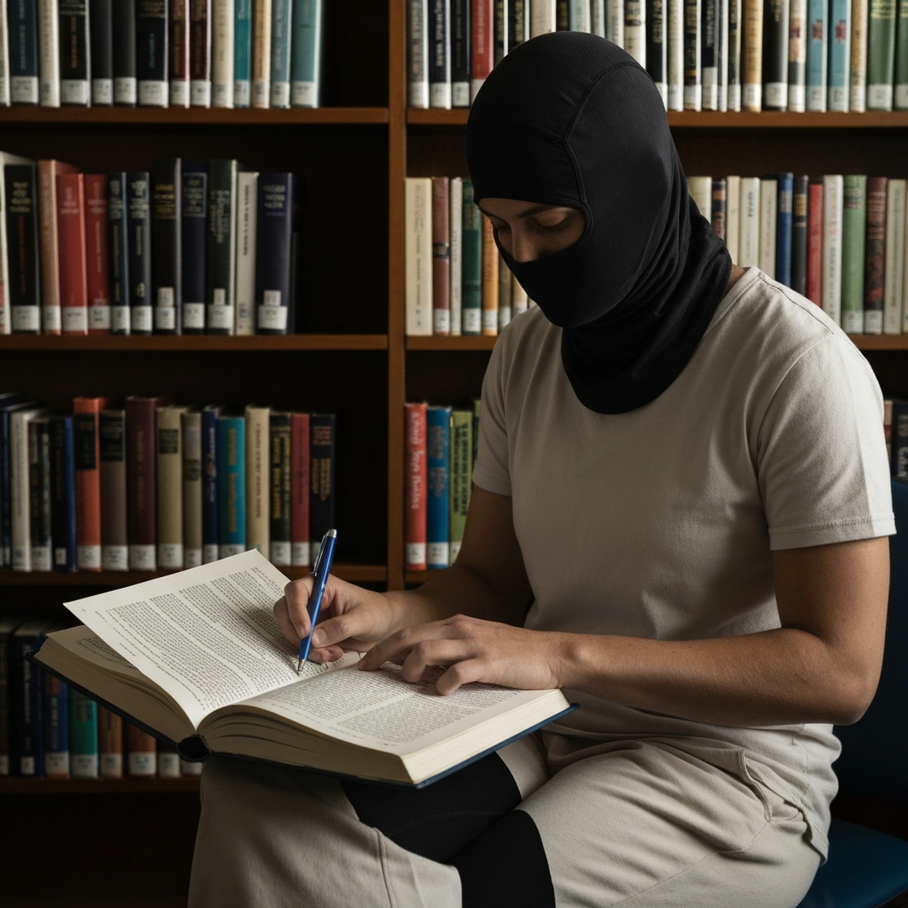 A person sitting in a library, researching different religious texts. The person is wearing simple, respectful clothing. The lighting is soft and even, highlighting the texture of the paper and the focused expression on their face. Bookshelves filled with religious texts are visible in the background.