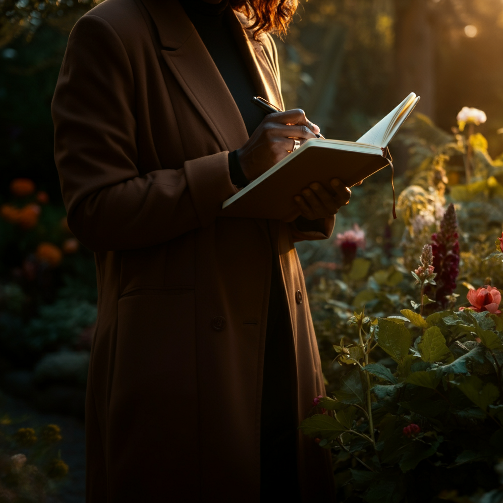 A person standing in a peaceful garden, holding a notebook and pen. They are surrounded by lush greenery and flowers. The lighting is golden hour, casting a warm and serene glow on the scene.