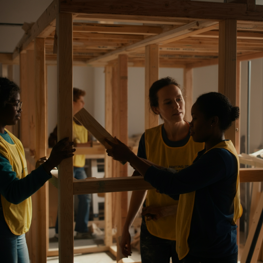 A person engaged in a community service project, interacting with others. They are working together to build a structure. The lighting is natural and bright, showcasing the textures of the wood and the expressions on their faces. The scene conveys a sense of collaboration and purpose.