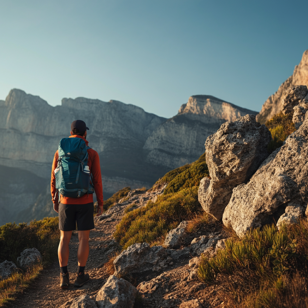 A person hiking on a mountain trail, looking out at a vast landscape. The lighting is clear and bright, highlighting the textures of the rocks and the vegetation. The scene conveys a sense of exploration and discovery.