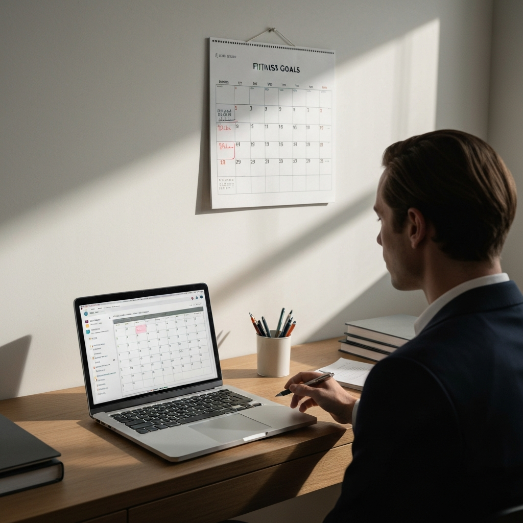 A well-organized home office setting. A laptop is open, displaying a fitness tracking app or spreadsheet. A calendar hangs on the wall, marked with fitness goals. Soft, diffused light creates a calm and productive atmosphere.