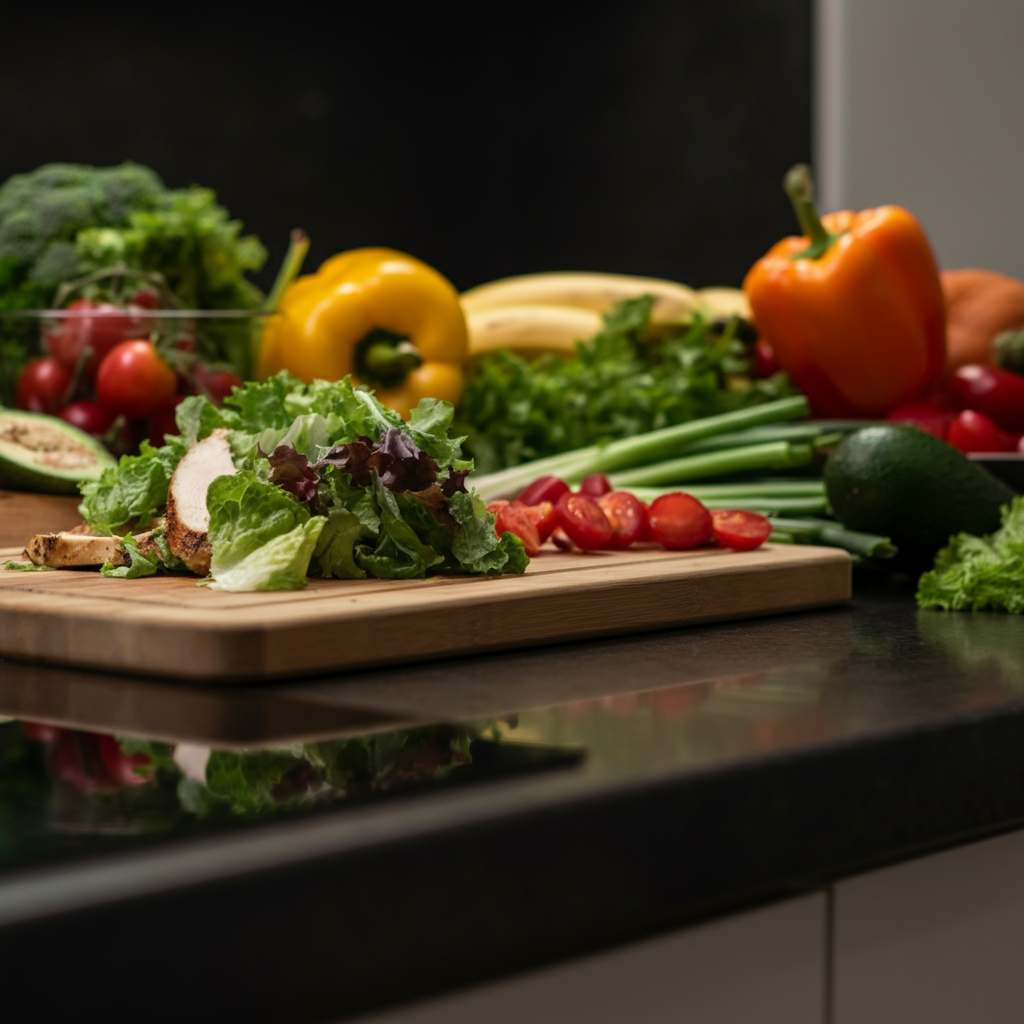 A kitchen counter with a variety of fresh, colorful fruits and vegetables. A cutting board with a partially prepared healthy meal (e.g., grilled chicken salad). Soft, warm lighting highlights the vibrant colors and textures of the food.