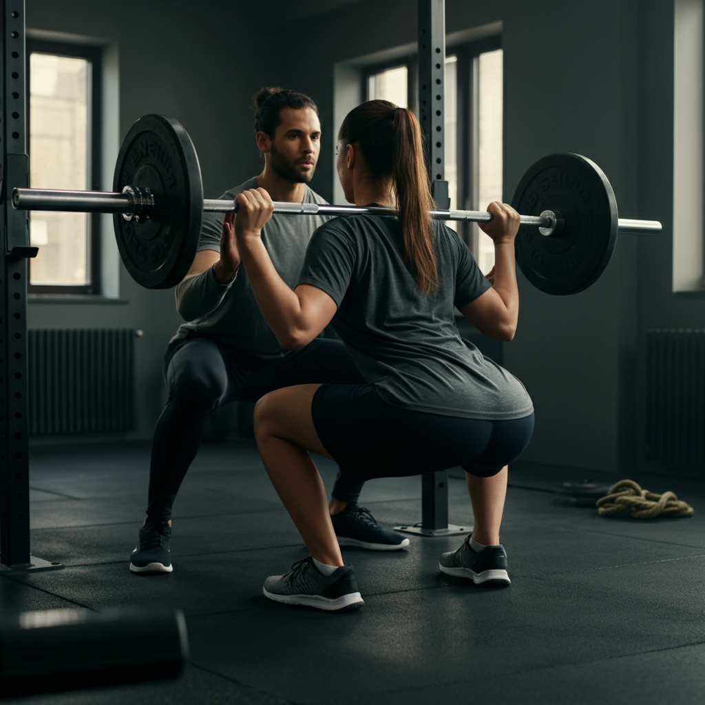 A well-equipped home gym or professional gym environment. A person is performing a squat with proper form, under the watchful eye of a personal trainer. The scene is brightly lit and focused on correct technique.