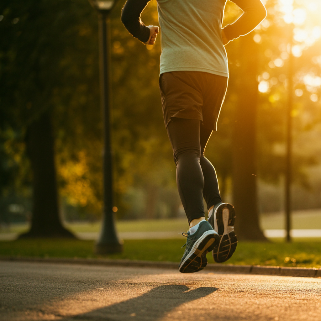 A person jogging outdoors in a park setting during the golden hour. Soft, warm light illuminates the scene, creating a sense of peace and tranquility. The person is wearing appropriate athletic attire and appears to be enjoying their workout.
