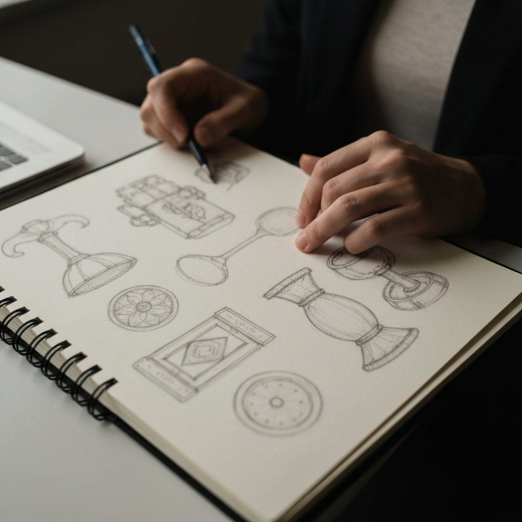 A close-up shot of a sketchbook filled with various pencil sketches of different objects, with soft side lighting highlighting the texture of the paper.