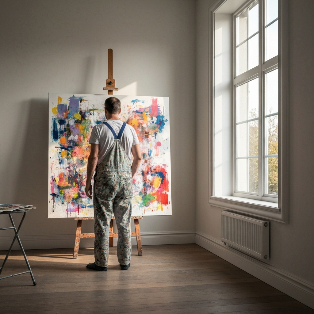 An artist in a well-lit studio, wearing paint-splattered overalls, standing in front of a canvas covered in abstract shapes and vibrant colors. Natural light streams in from a large window, creating a warm atmosphere.