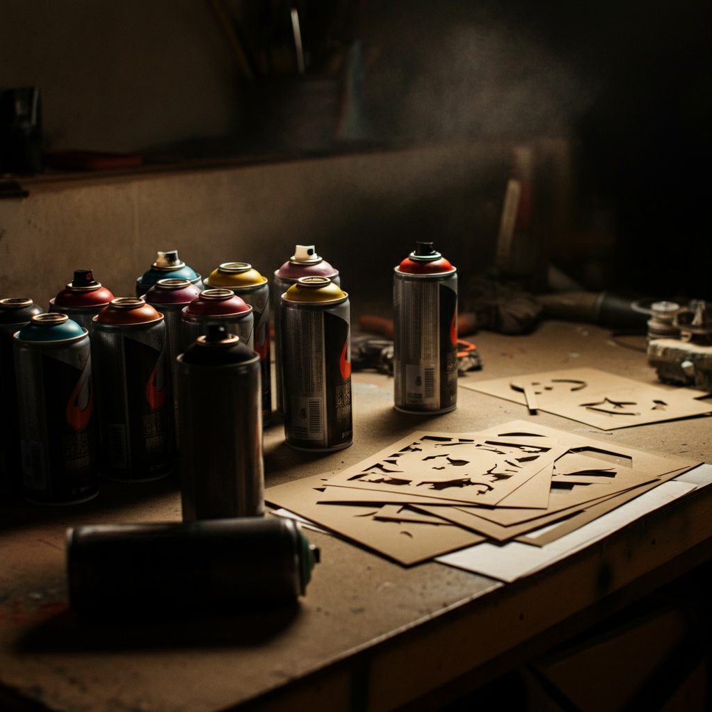 A neatly organized workshop table, showcasing various spray paint cans arranged by color, alongside a set of intricately cut stencils. Soft overhead lighting emphasizes the details of the tools.