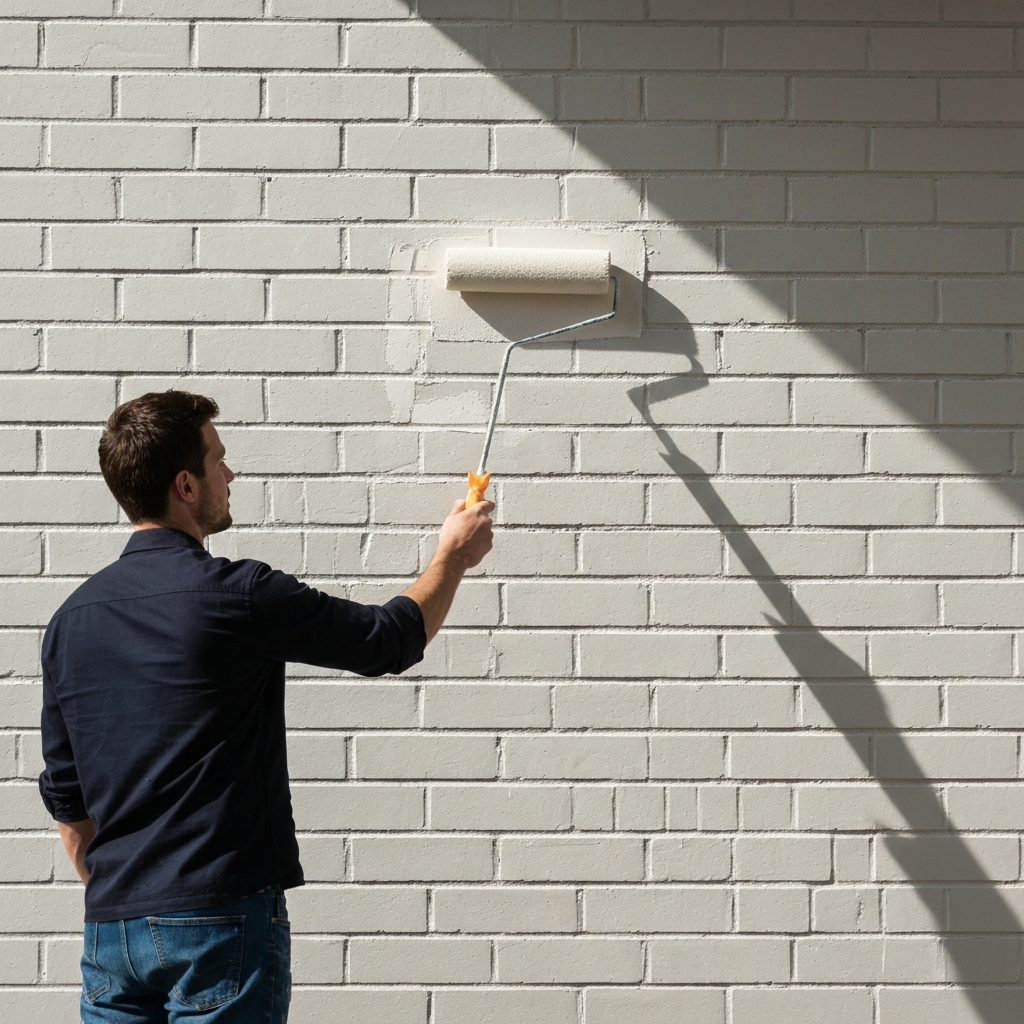 A person using a paint roller to apply primer to a clean brick wall. The wall is well-lit, revealing the texture of the brick and the even application of the primer.