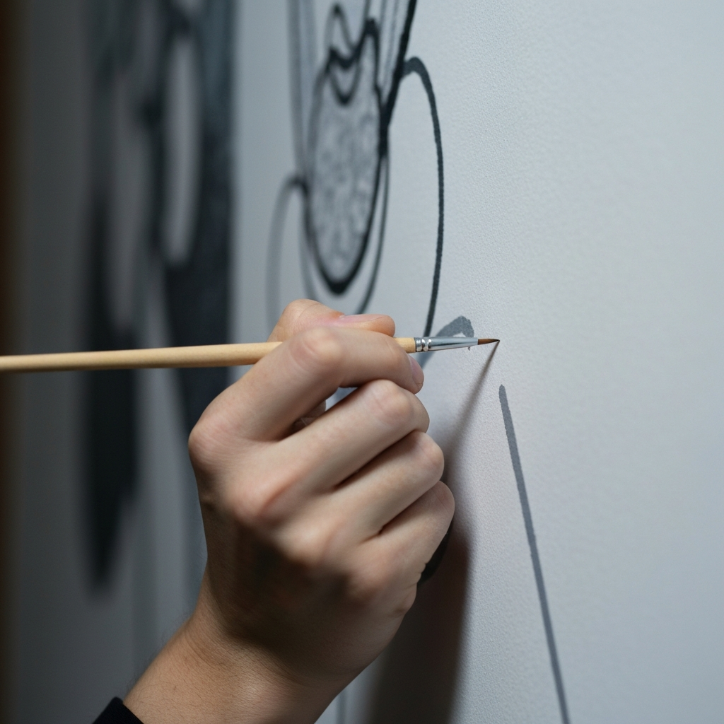 A close-up of an artist's hand holding a fine-tipped brush, carefully adding details to a section of a mural. The lighting is soft and diffused, emphasizing the precision of the work.