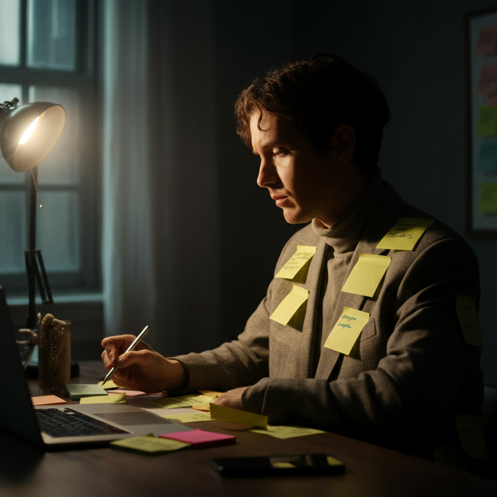 A person sitting at a desk, surrounded by sticky notes with various keywords and demographic information scribbled on them. Soft, diffused lighting from a nearby window illuminates their focused expression. 
