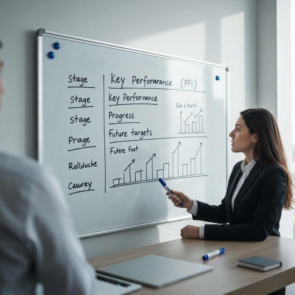 A whiteboard with a project roadmap drawn on it. Key performance indicators (KPIs) are written beside each stage, highlighting progress and future targets. Sidelit with the texture of whiteboard markers visible.