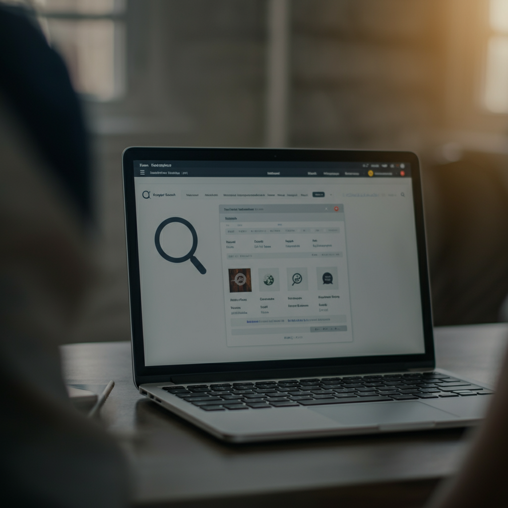 A laptop screen displays a keyword research tool, highlighting search volume, competition, and related keywords. The surrounding environment is a clean, modern office with natural light.