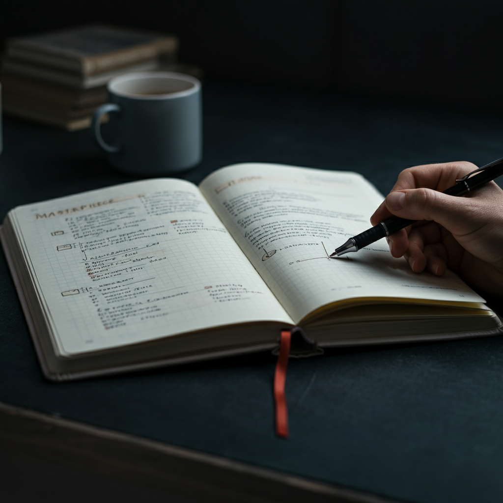 An open notebook with a detailed outline written neatly on the pages. A pen rests on the notebook, suggesting ongoing note-taking and refinement. The lighting is natural and highlights the paper's texture.