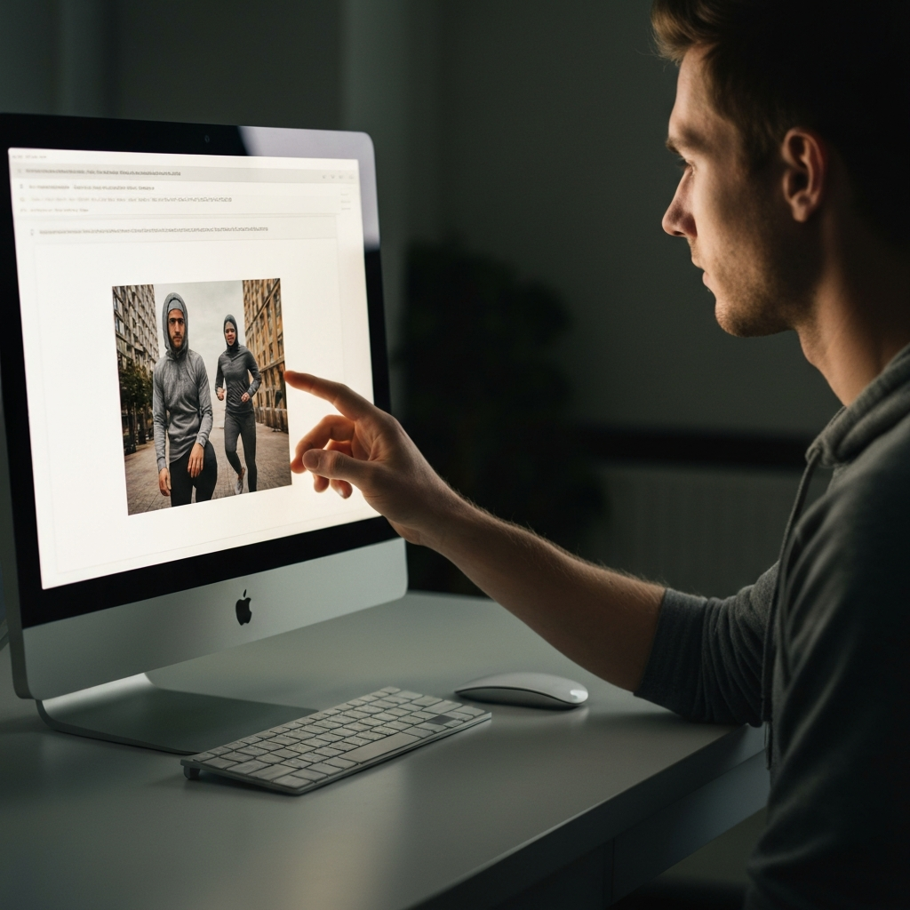 A person selecting an image from a photo library on their computer. The image is crisp and vibrant, depicting a relevant subject. The monitor casts a soft light on their face.