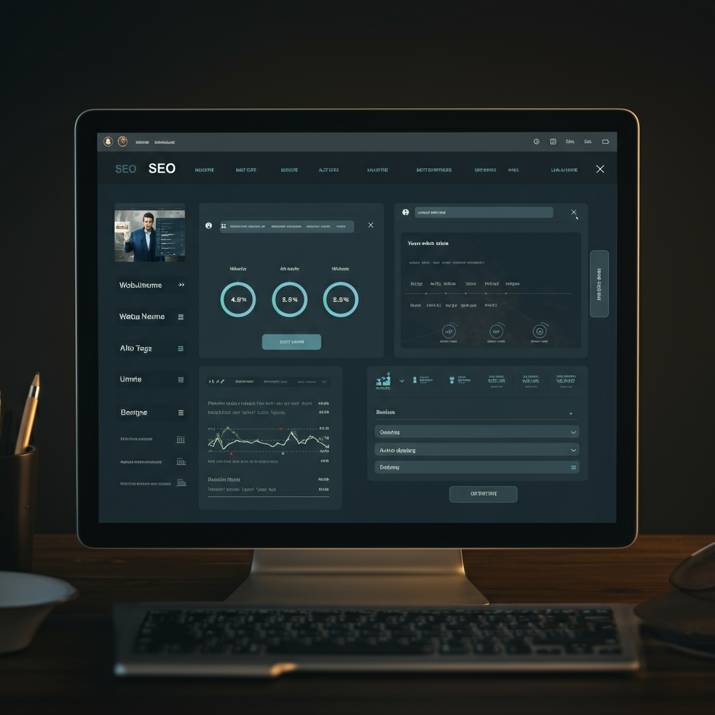 A website's backend interface displaying SEO settings, including meta descriptions, alt tags, and keyword density analysis. Graphs illustrating website traffic and search engine rankings are also visible.
