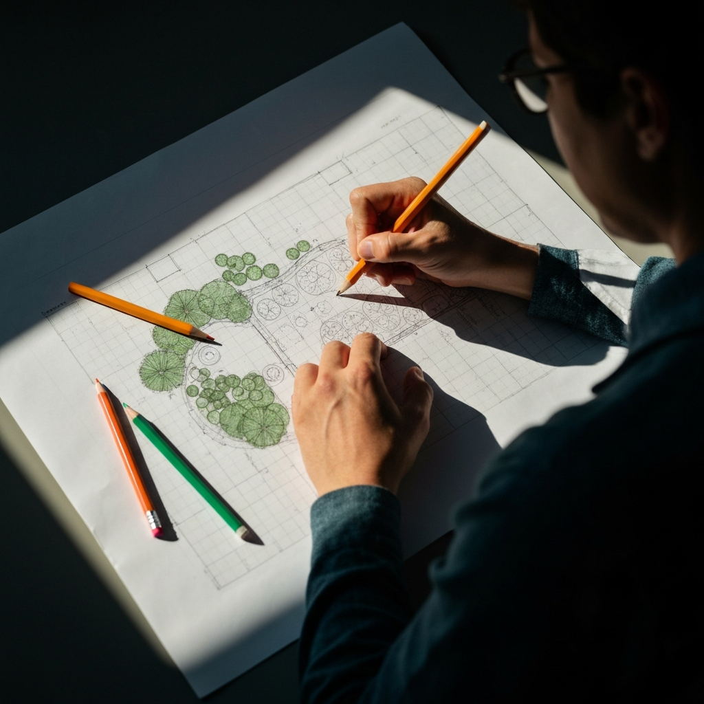 Overhead shot of a gardener sketching a garden plan on graph paper, sunlight streaming in through a window creating long shadows. Different colored pencils are used to denote different planting zones.