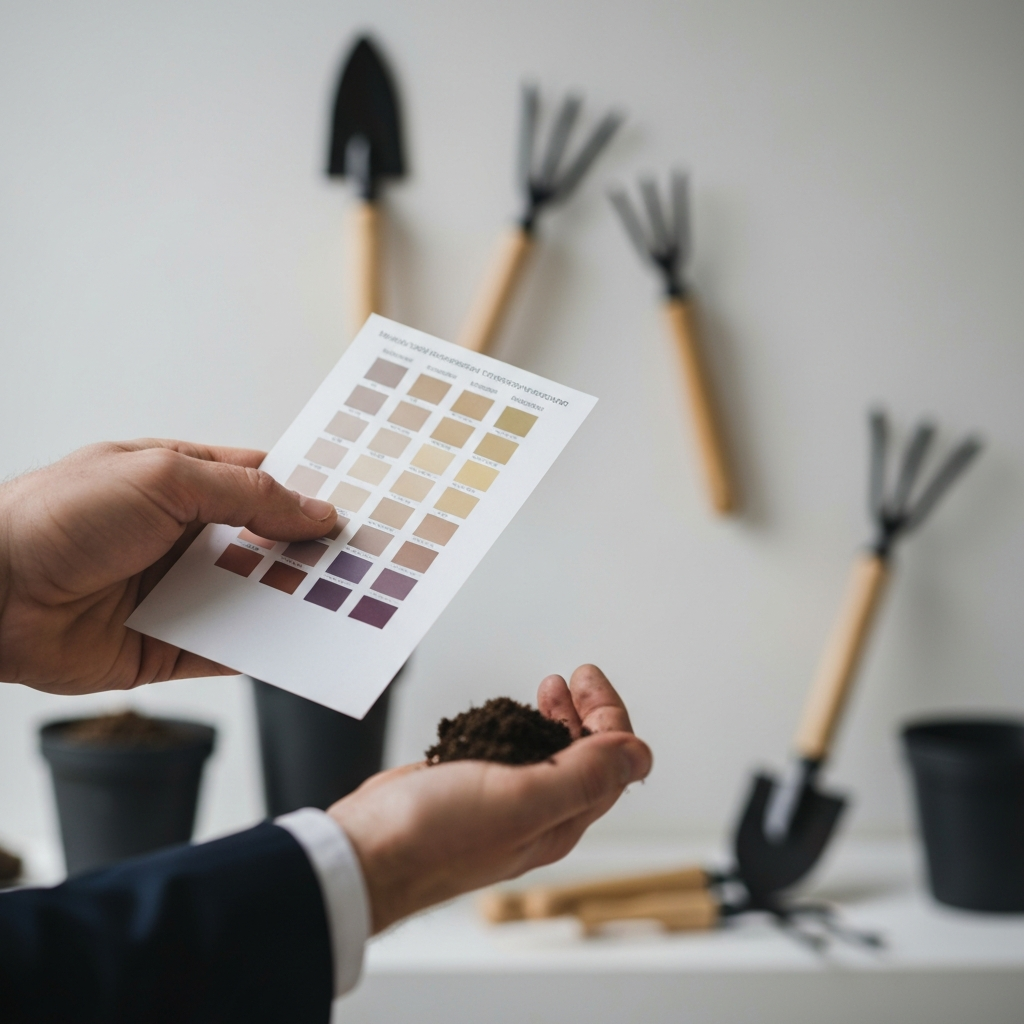 Close-up of a hand holding a soil testing kit, focusing on the color chart and the texture of the soil sample. Soft bokeh background showing various gardening tools.