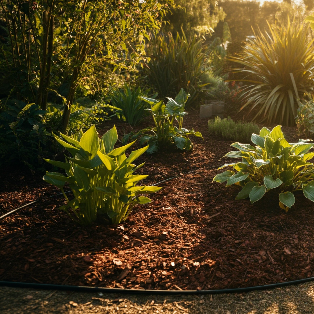 Wide shot of a lush garden bathed in golden hour light. Drip irrigation lines are subtly visible snaking around the base of various plants. Mulch creates a rich, textured foreground.