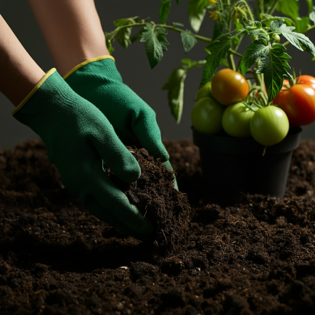 A gardener spreading dark, rich compost around the base of a tomato plant. Side-lit textures highlight the organic material and healthy foliage.