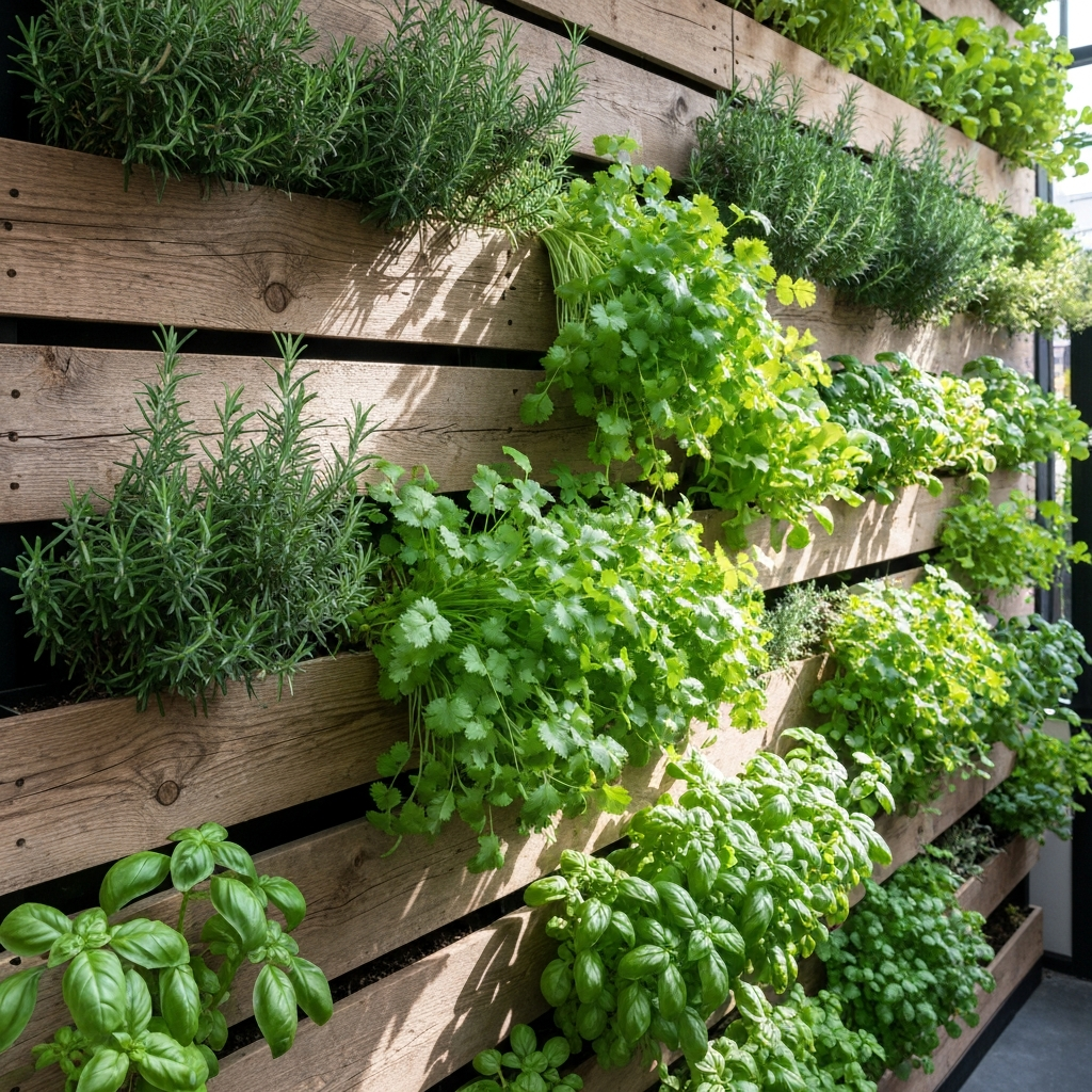 A vibrant vertical garden wall filled with herbs and leafy greens. Natural light filters through the leaves, creating a dappled effect. The structure is made from reclaimed wood.