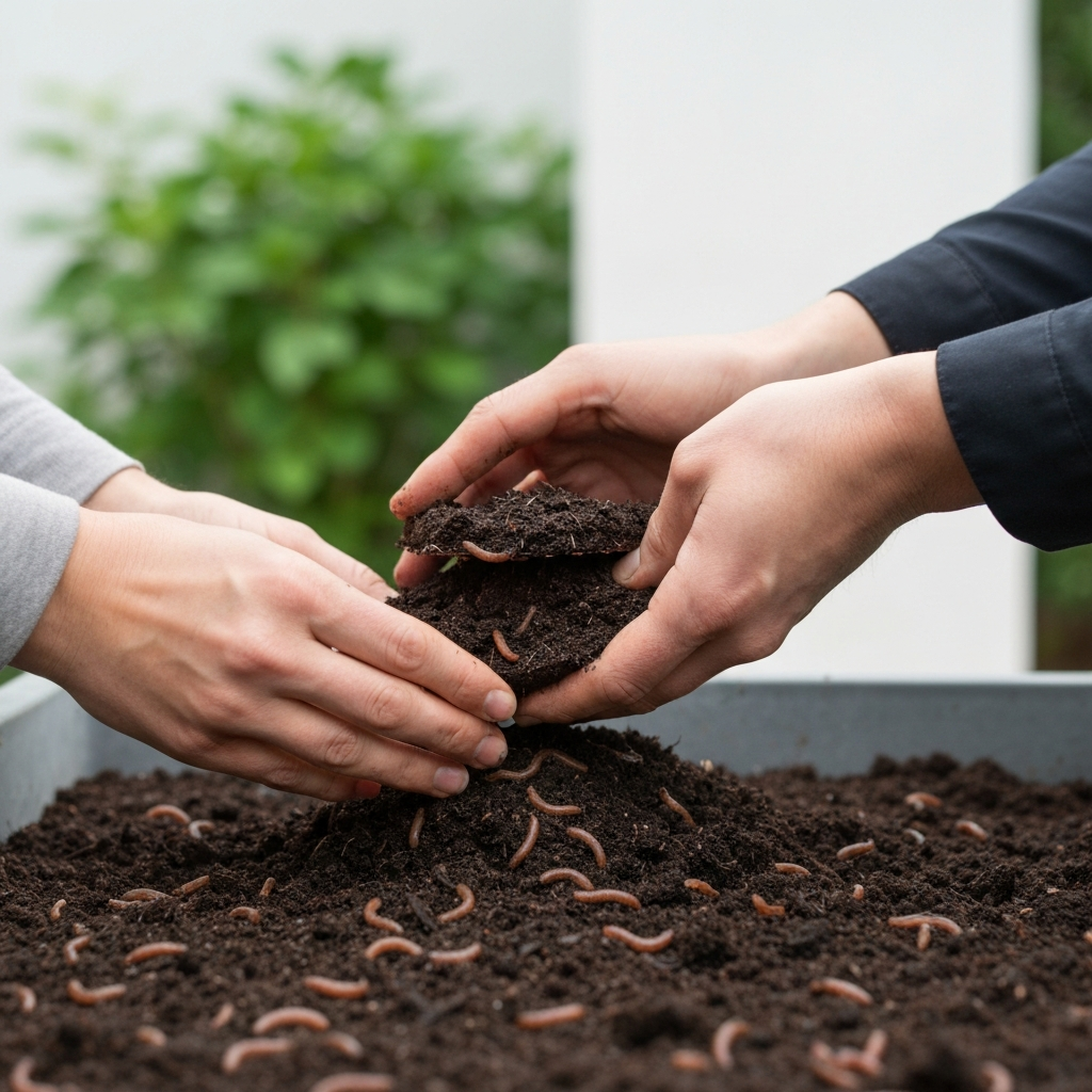 Hands carefully layering compost on top of garden soil. The soil is rich and dark, with visible earthworm castings. Soft focus on the background highlighting healthy plant growth.