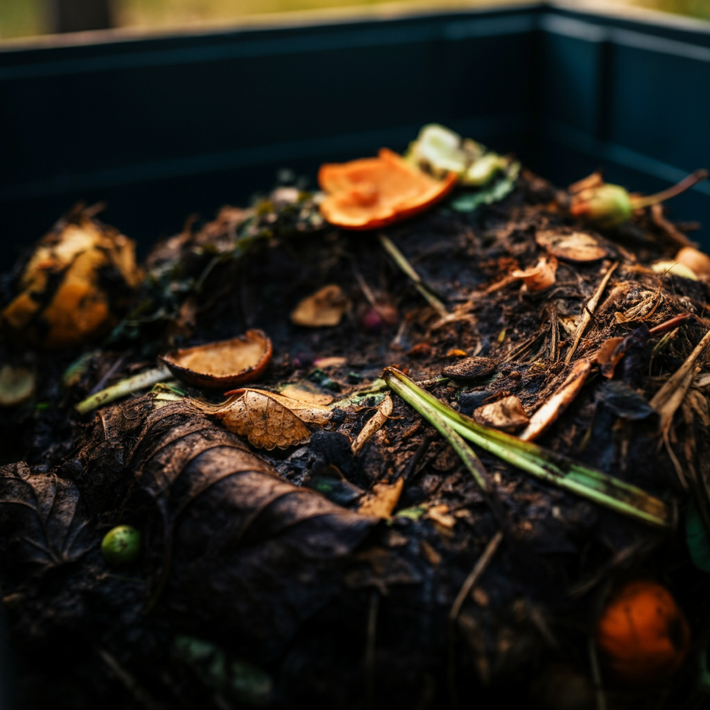 A close-up of a composting bin filled with decaying leaves, vegetable scraps, and coffee grounds. Moisture droplets glisten on the surface, indicating healthy decomposition. Golden hour lighting creates a warm glow.