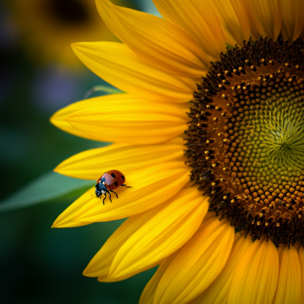 A ladybug crawling on a vibrant sunflower petal. The sunflower is in focus, with soft bokeh in the background showing other flowers and foliage. Natural sunlight provides a crisp, detailed image.