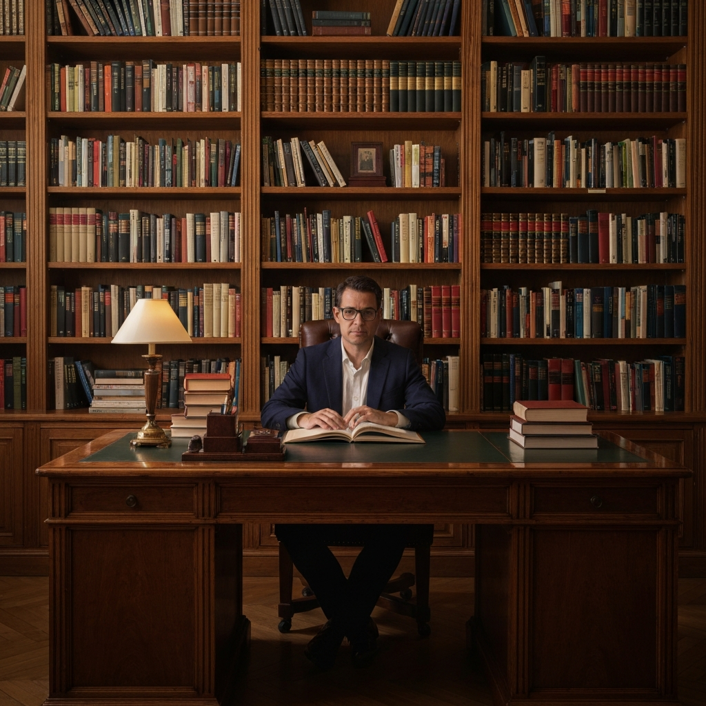A well-lit study with bookshelves lining the walls. A person sits at a large wooden desk, surrounded by books on philosophy and religion. Soft, warm lighting highlights the textures of the leather-bound books and the polished wood of the desk. A gentle bokeh blurs the background.